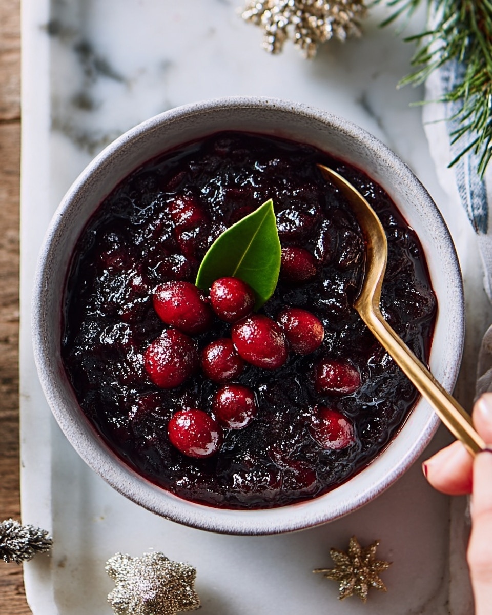 A white ceramic bowl filled with a glossy dark purple and red mix of cooked berries, mostly whole cranberries, with a shiny green bay leaf placed on top. A gold spoon rests inside the bowl, partially submerged in the thick fruit mixture. The bowl is on a white marbled surface with part of a white plate and a star-shaped decorative item nearby. photo taken with an iphone --ar 4:5 --v 7
