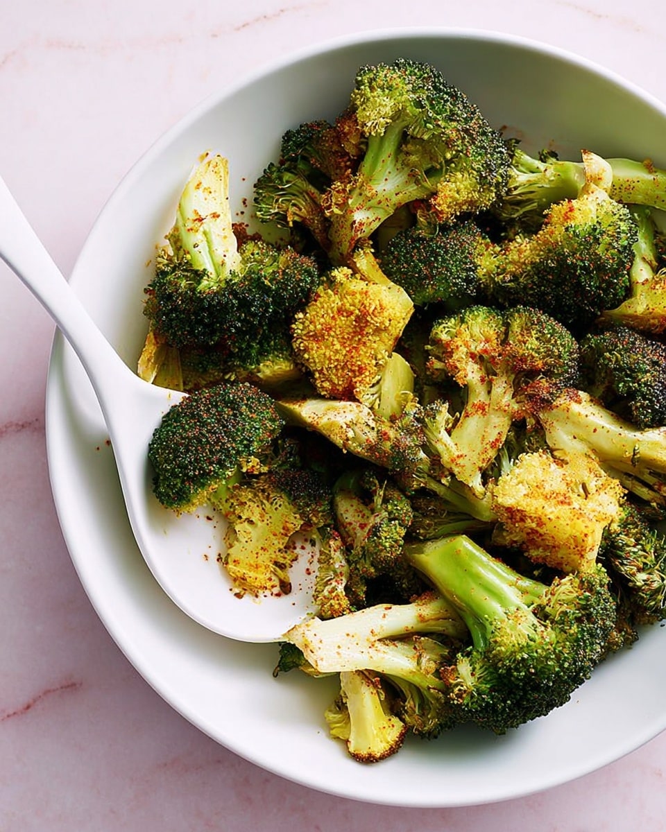 A close-up of roasted broccoli pieces placed in a large white bowl with a matte finish, the broccoli is bright green with some parts golden brown from roasting and sprinkled with a reddish spice powder. Among the broccoli, a white spoon is resting on the right side inside the bowl. The bowl sits on a white marbled surface that adds subtle texture to the scene. The lighting highlights the crispy texture and vibrant color of the broccoli. photo taken with an iphone --ar 4:5 --v 7