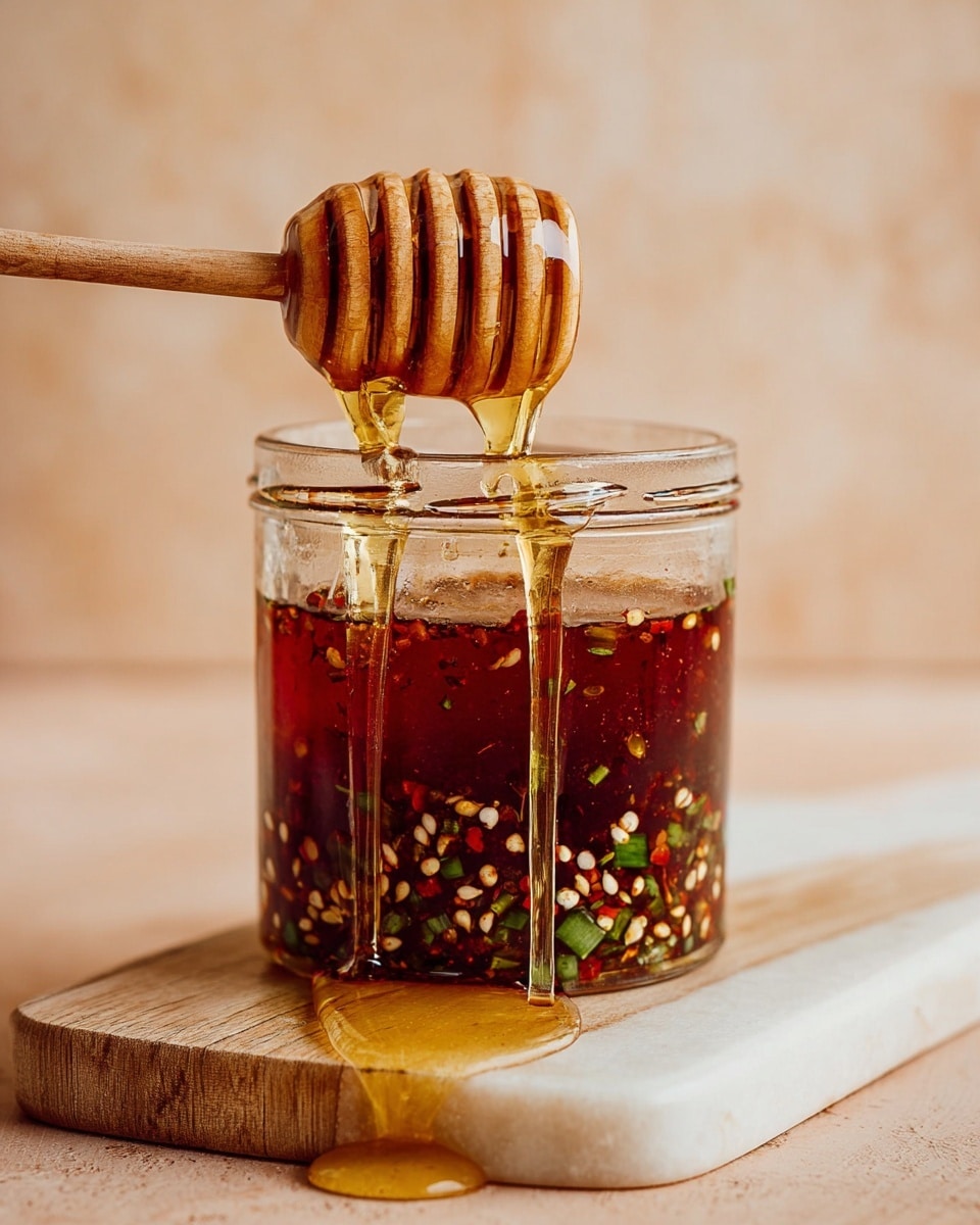 A clear glass jar sits on a light wooden board with a white marbled texture under it, filled about halfway with a dark reddish-brown liquid containing small pieces of green herbs and white seeds floating inside. Resting on top of the jar is a wooden honey dipper dripping thick golden honey down the side, with droplets catching the light as they slowly fall. The background is a soft, warm peach color, giving the scene a cozy feel. photo taken with an iphone --ar 4:5 --v 7