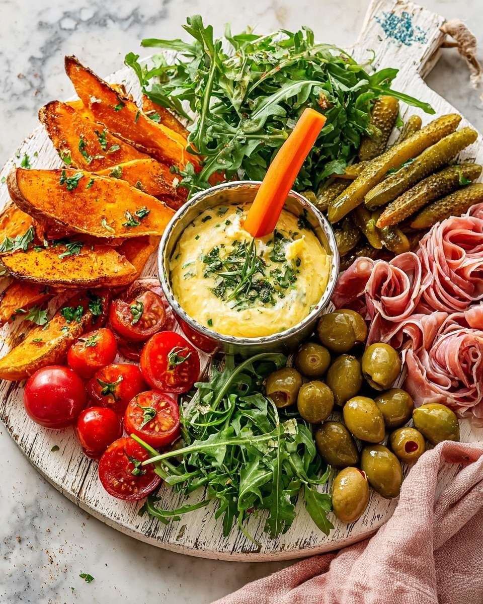 A round white wooden board is arranged with many fresh foods in a circular pattern. In the center, a small silver bowl holds creamy melted cheese topped with green herbs, with a carrot stick dipped inside. Around the bowl, there are bright orange roasted sweet potato wedges on the left. To the left of that, bunches of green leafy salad sit next to halves of red cherry tomatoes. At the bottom, green olives are placed with more green salad leaves. On the bottom right, thin slices of light pink cured meat are spread out. To the top right, small green pickles sit next to another pile of green salad and red roasted peppers. The whole arrangement is on a white marbled surface with a soft pink cloth nearby. photo taken with an iphone --ar 4:5 --v 7