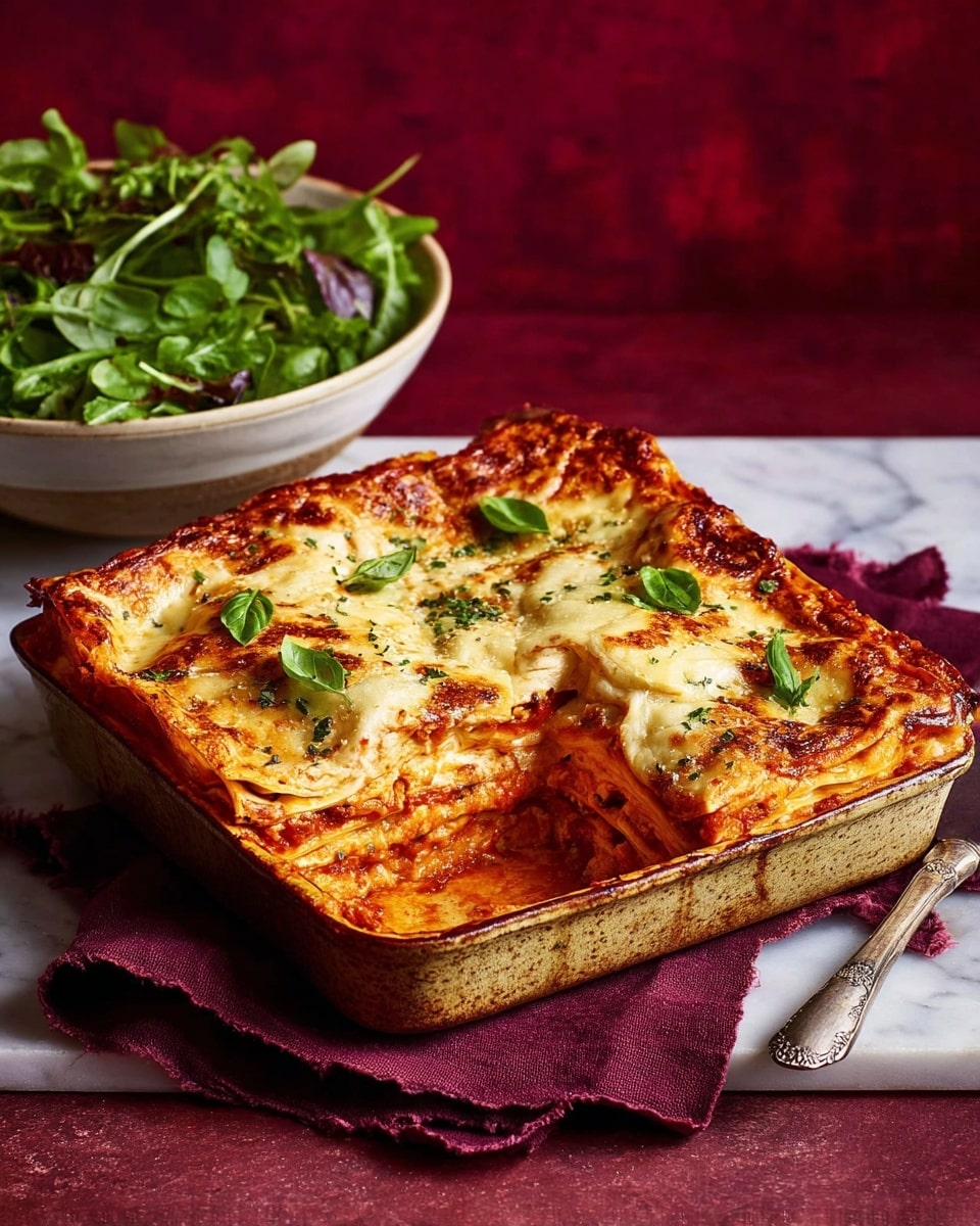 A square white baking dish holds a thick lasagna with golden brown melted cheese on top, speckled with small green basil leaves. The top layer is bubbly and slightly browned around the edges. One portion is cut out, showing multiple visible layers beneath: a bright red tomato sauce layer, several pasta sheets, and creamy melted cheese mixed with a meat or vegetable filling in between each pasta layer. The dish rests on a dark purple cloth on a white marbled surface. In the background, a white bowl filled with fresh green salad leaves sits slightly out of focus. A wooden knife with a metal blade lays near the lasagna. Photo taken with an iphone --ar 4:5 --v 7