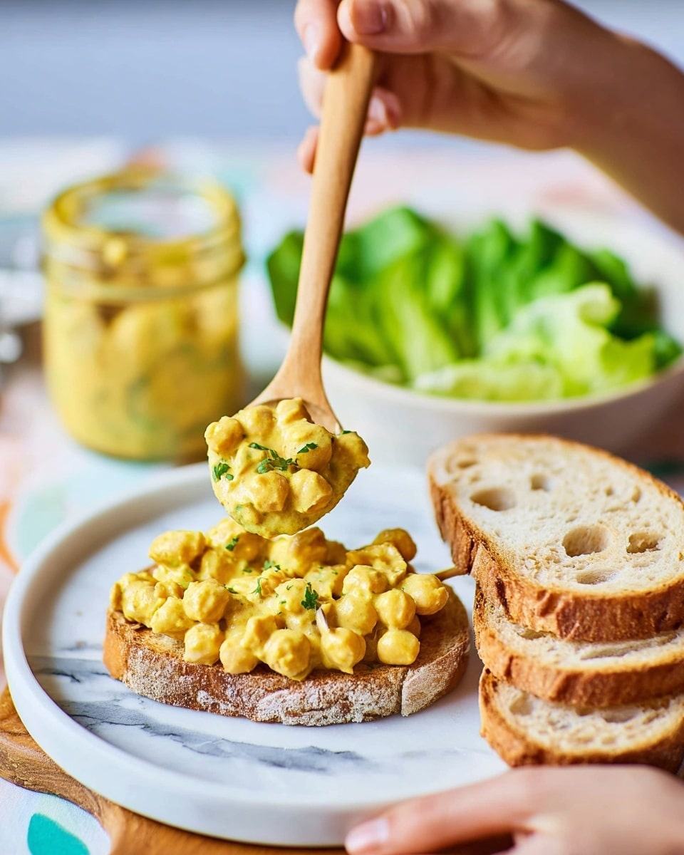 A white plate on a white marbled surface holds a single slice of toasted bread with a rough, golden-brown crust. On top of the bread, there is a creamy yellow chickpea mixture with visible chickpeas and small bits, giving a chunky texture. A woman's hand uses a wooden spoon to scoop more of the chickpea mixture from above. To the left, more slices of toasted bread with a similar crust and texture lie stacked. Part of a white bowl with fresh green lettuce leaves is visible in the background. Photo taken with an iphone --ar 4:5 --v 7