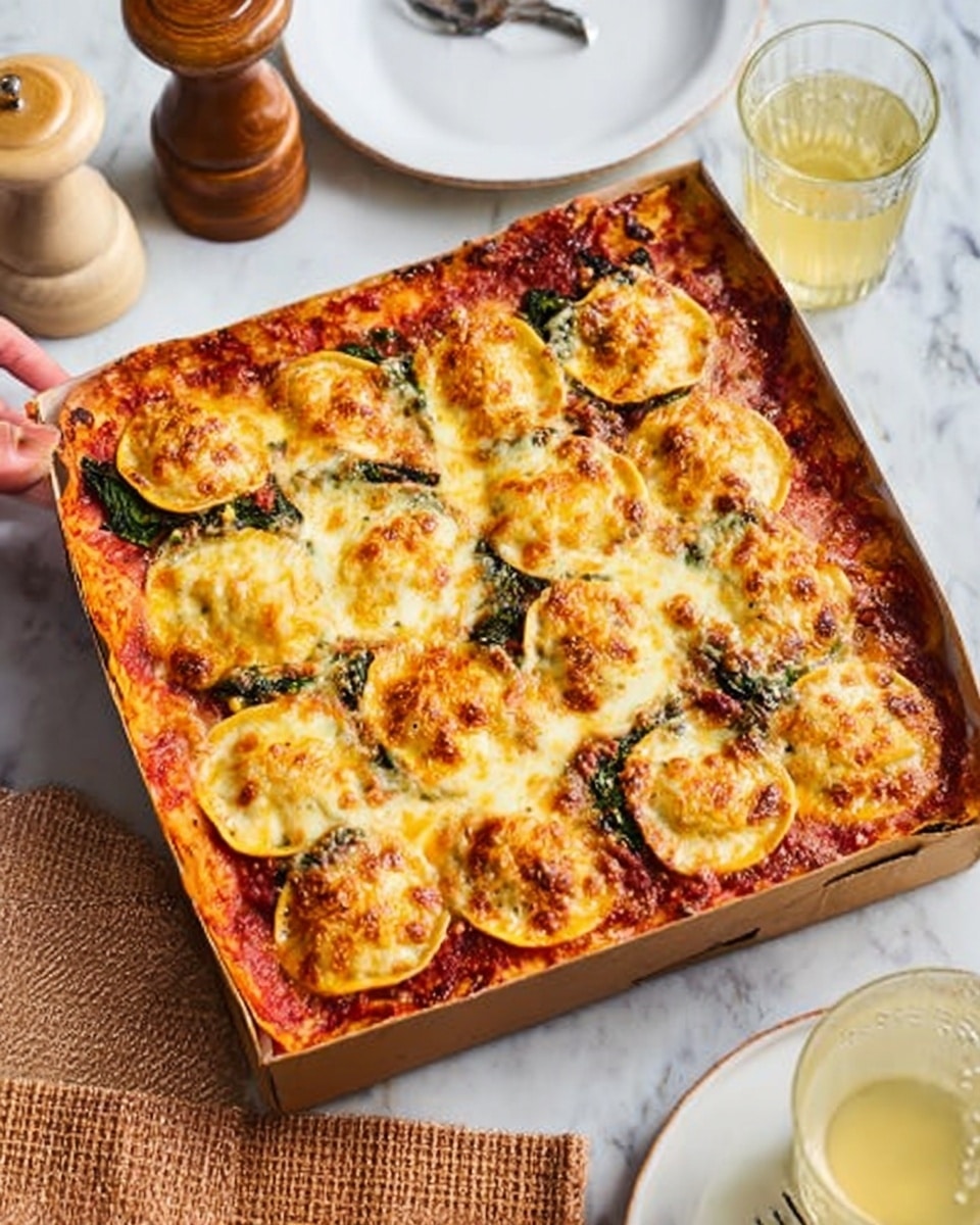 The image shows a square pizza in the center of the frame on a wooden board, placed on a white marbled surface. The pizza has one visible thick crust layer at the bottom in a light golden-brown color. On top, there is a red tomato sauce layer that covers the base almost fully. Over the sauce, there are unevenly placed pieces of ravioli, each with a slightly crimped edge and filled inside, visible through the golden and melted cheese patches covering them. The cheese is bubbly and slightly browned, giving the pizza a rich texture with colors ranging from cream to golden yellow. Around the pizza, there is a glass of light amber drink, a white plate, a pepper grinder, and a spoon visible on the mat next to the pizza. photo taken with an iphone --ar 4:5 --v 7