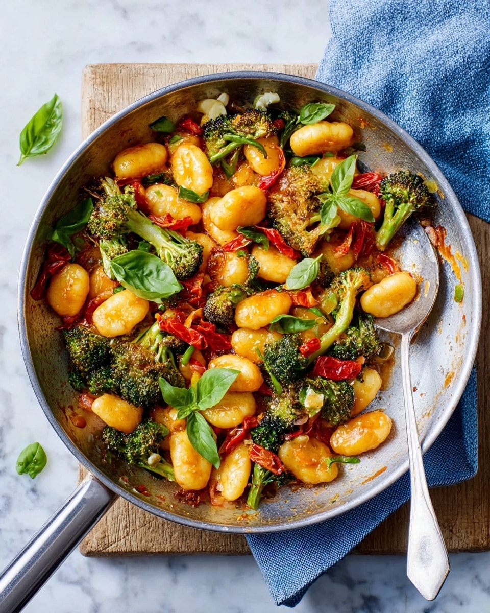 A white metal pan holds a colorful mix of food, centered with golden-yellow gnocchi scattered with bright green basil leaves on top. Around the gnocchi, there are dark green roasted broccoli pieces with some slightly charred edges, and bright red chili slices spread throughout. Small chunks of red tomatoes are mixed in the pan, adding to the vibrant mix. A silver spoon lies on the right side inside the pan, with bits of food on it. The pan rests on a white marbled surface with a blue cloth tucked under its handle photo taken with an iphone --ar 4:5 --v 7