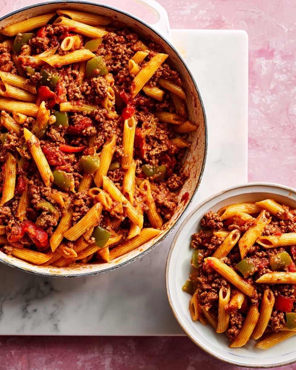 A large white pot filled with cooked penne pasta mixed with a thick, reddish-brown meat sauce containing ground meat and chopped red and green bell peppers, all well-coated in the sauce. The pasta pieces are scattered throughout, with some sitting on top and others mixed within the sauce. Nearby, a portion of the same pasta is served in a white bowl, showing similar layers of pasta and sauce. Both containers rest on a white marbled textured surface with a soft pink background. photo taken with an iphone --ar 4:5 --v 7