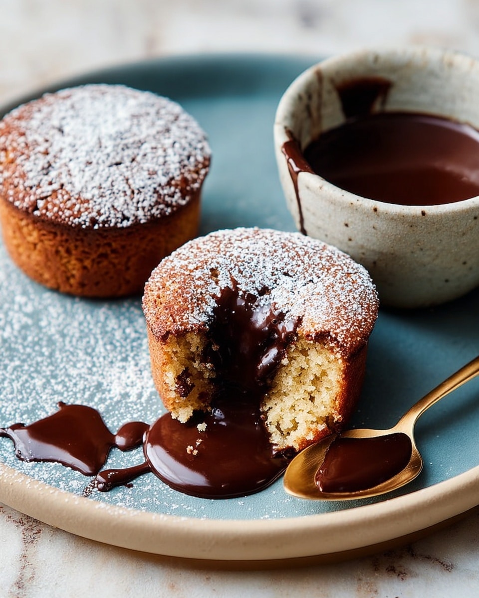 The image shows two small round cakes on a white plate, one is whole and dusted with white powdered sugar, while the other is cut open with a soft, moist, light brown inside and topped with thick, glossy dark chocolate sauce flowing down its side. Next to the cakes is a small ceramic cup filled with more dark chocolate sauce, some dripping slightly onto the plate. A golden spoon rests on the plate, and there are scattered crumbs and powdered sugar around, all placed on a white marbled surface. photo taken with an iphone --ar 4:5 --v 7