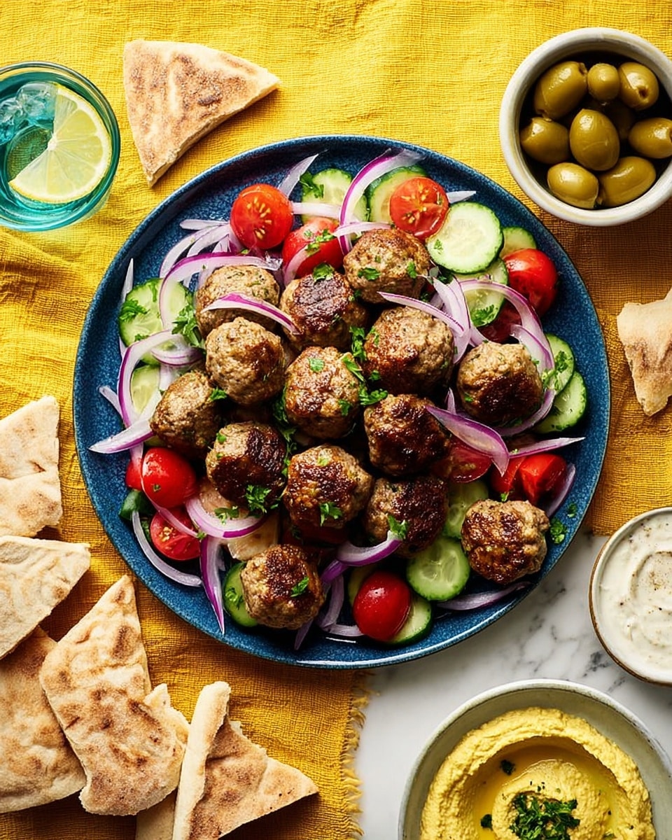 A white plate holds a pile of small, brown meatballs placed on a bed of mixed vegetables, including thick slices of purple onion, bright red cherry tomato halves, and chunks of green cucumber. Around the plate on a white marbled surface with a yellow cloth are several food items: to the left, a white bowl filled with creamy yellow hummus garnished with parsley and a wooden spoon resting inside, below it a smaller white bowl with white sauce that has small green bits, and stacked pieces of pita bread. To the right, a small white bowl contains green olives, and a whole round pita bread lies nearby with a yellow pepper grinder peeking in from the edge. A glass of water with a lemon slice on the rim is positioned above the plate. Photo taken with an iphone --ar 4:5 --v 7