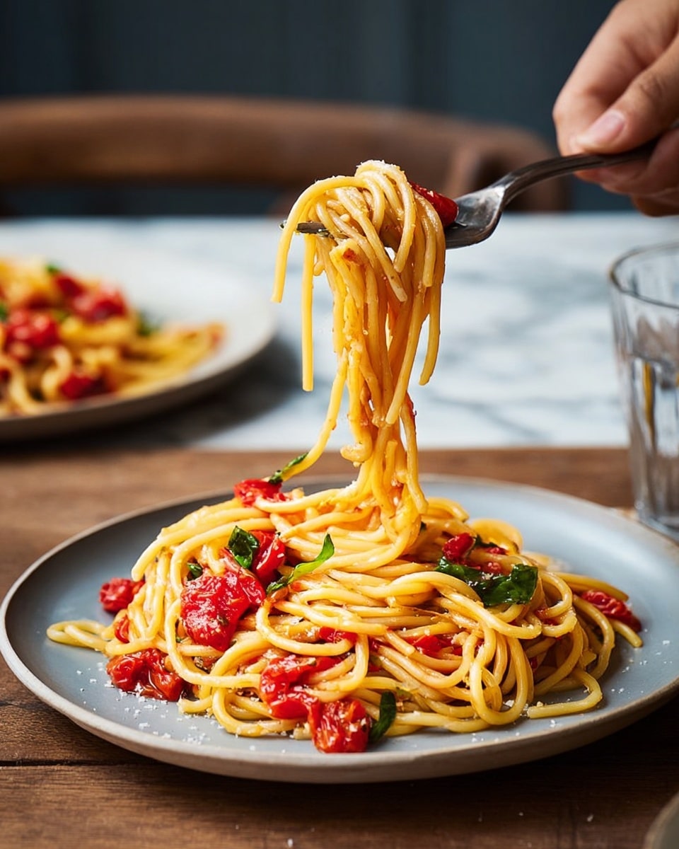 A close-up of a plate with spaghetti on a white plate, sitting on a rustic wooden table with a white marbled background. The spaghetti is light golden with a simple red sauce containing small chopped tomatoes and herbs sprinkled throughout. A woman's hand is lifting a fork full of spaghetti up from the plate, showing a twist of noodles with bits of bright red tomato. In the background, there is another white plate with more spaghetti and a glass of water on the table. photo taken with an iphone --ar 4:5 --v 7