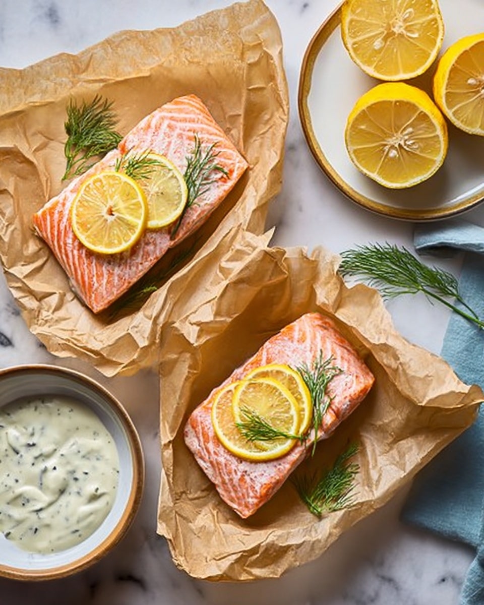 Two pieces of cooked salmon lie on crumpled brown parchment paper, each topped with three thin lemon slices and small sprigs of fresh dill. The salmon is a rich pink-orange color with a slightly crisp texture. To the side, there is a small white bowl filled with creamy herb sauce, showing green flecks in the smooth white dressing. Half lemon slices are placed off to the top right on the white marbled surface, adding a fresh bright yellow color to the scene. The overall setting is neat and bright, with a cozy, fresh feeling. Photo taken with an iphone --ar 4:5 --v 7