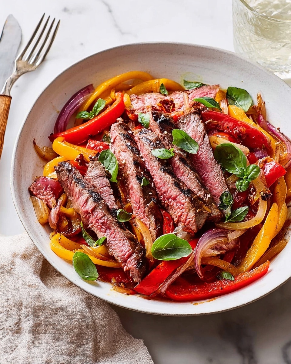 A white bowl filled with sautéed red and yellow bell pepper strips along with cooked onions as the base layer, topped with several slices of medium-rare steak that has a pink center and a seared outer edge, garnished with fresh green basil leaves scattered on top. The bowl is placed on a white marbled surface with a silver fork and a knife with a wooden handle resting beside it, and a clear glass of water partially visible on the right side. photo taken with an iphone --ar 4:5 --v 7
