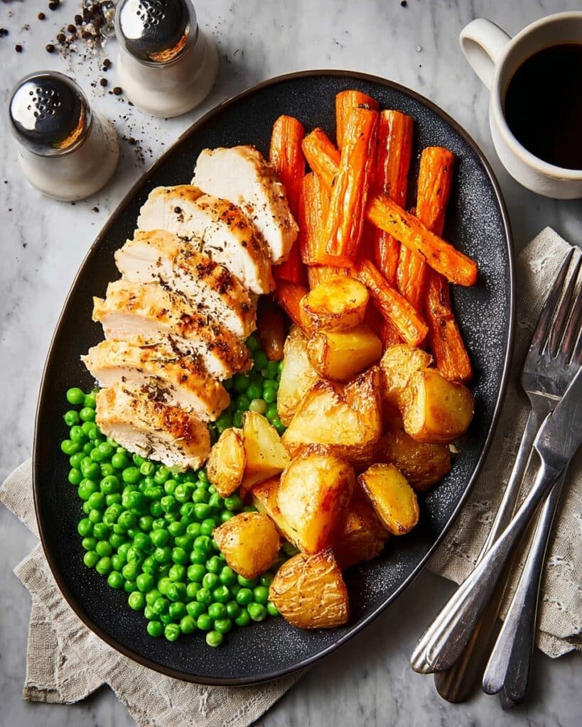 Air Fryer Roast Chicken Dinner with Crispy Potatoes, Carrots, and Peas Recipe