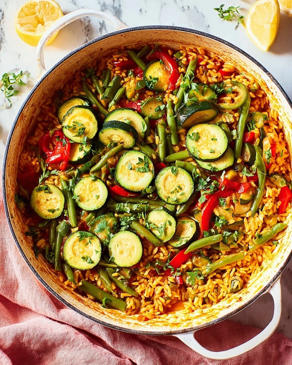 A white pot filled with a cooked rice dish showing around three main layers: the bottom layer is soft orange-colored rice mixed with pieces of red bell pepper, the middle layer consists of bright green round broad beans scattered evenly, and the top layer features chopped dark green zucchini slices and fresh green herbs spread all around. The pot rests on a pink cloth, placed on a white marbled surface with a couple of lemon wedges nearby. photo taken with an iphone --ar 4:5 --v 7