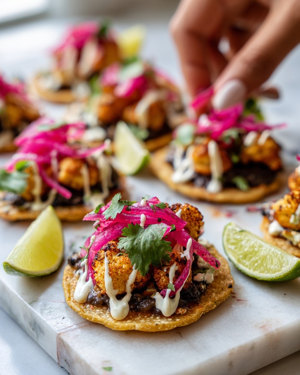 The image shows six round, golden-brown crispy tostadas arranged on a white marbled surface. Each tostada has a base layer of dark, slightly charred beans, topped with a thick layer of crispy, golden fried cauliflower pieces with a crunchy texture. Over the cauliflower, there is a drizzle of creamy white sauce spread unevenly, adding contrast to the warm colors below. Thin slices of pink pickled onions are scattered on top, along with small green cilantro leaves for freshness. On the right side of the image, there are two lime halves with a bright green interior placed on the white marbled surface. The photo is bright and detailed, taken with an iphone --ar 4:5 --v 7