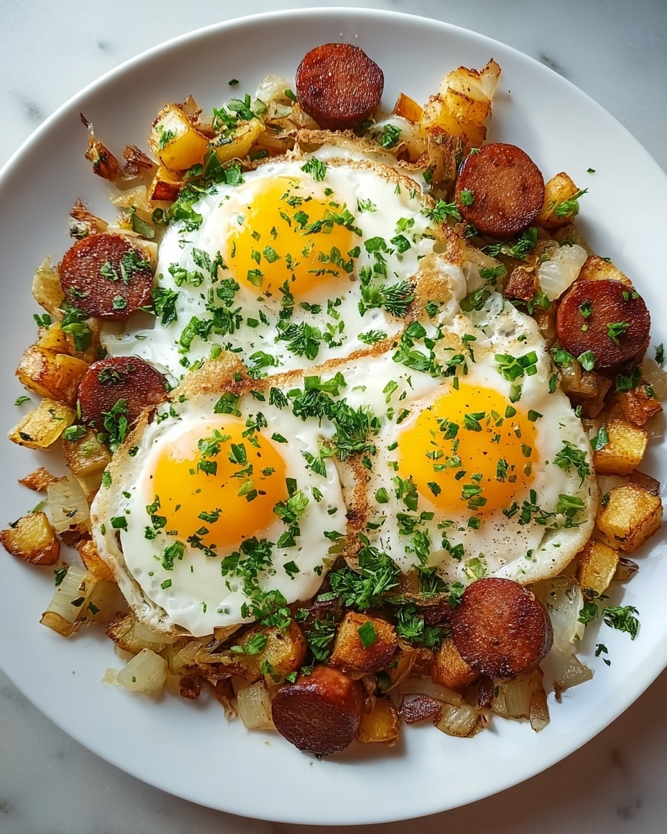 A white plate holds a dish with three sunny-side-up eggs arranged in a triangular shape, their bright yellow yolks shining against the white, slightly crisped edges of the egg whites. Surrounding the eggs is a layer of diced, golden-brown fried potatoes mixed with small pieces of green onion and lightly cooked translucent onions, adding texture and color. Scattered evenly over the potatoes and eggs are thick slices of browned sausage, their rich reddish-brown color contrasting with the yellow eggs and golden potatoes. The whole dish is sprinkled with fresh chopped green herbs, giving a fresh, vibrant finish. The plate sits on a white marbled surface, and soft natural light highlights the textures and colors of the food. photo taken with an iphone --ar 4:5 --v 7