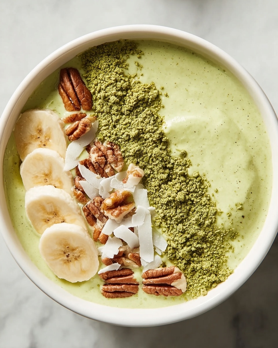 A white bowl filled with a thick, pale green smoothie base that has small visible bubbles and a creamy texture. On top, there are five banana slices arranged in a curved line on the left side. Next to the bananas, closer to the center and right side, is a layer of finely ground green powder. Scattered over the powder are irregular-sized pecan pieces and thin white coconut flakes that add texture and color contrast. The bowl sits on a white marbled surface. photo taken with an iphone --ar 4:5 --v 7