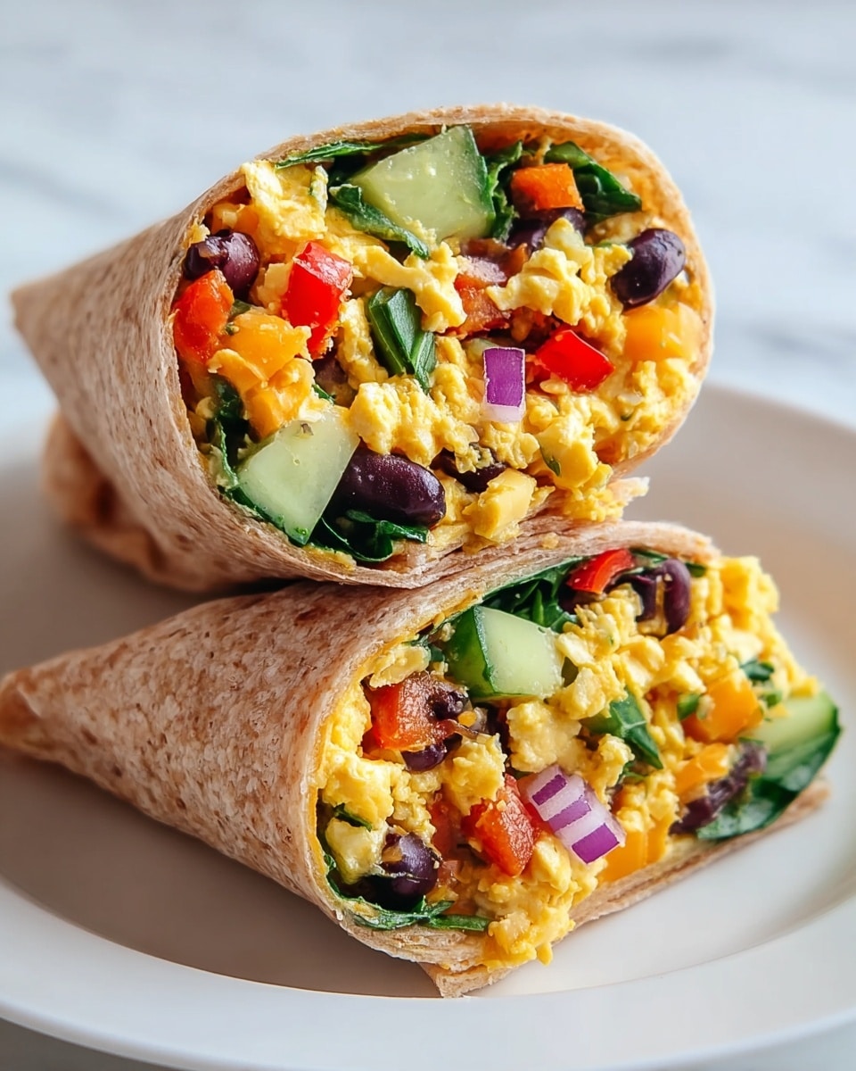 The image shows a breakfast burrito cut in half on a white plate. The burrito has a light brown, whole wheat tortilla wrap. Inside, there are multiple colorful layers visible: scrambled eggs with a soft, yellow texture make up the main filling, mixed with bright red bell pepper pieces, dark purple beans, green cucumber chunks, small pieces of red onion, spinach leaves, and some orange cheese bits. The ingredients are tightly packed, filling the burrito generously, with a mix of soft, crunchy, and fresh textures. The plate rests on a white marbled surface. photo taken with an iphone --ar 4:5 --v 7