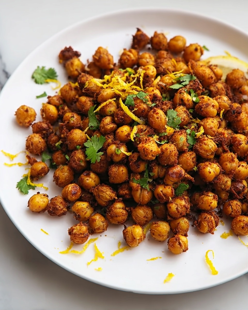 A white plate holds a pile of crispy roasted chickpeas that are golden-brown with some darker toasted spots. The chickpeas are evenly browned and covered with a reddish-brown spice mix giving them a textured, crunchy look. Scattered around and on top are small bits of bright yellow lemon zest adding a pop of color. There are also small sprigs of fresh green cilantro leaves spread across the chickpeas, providing a fresh contrast to the warm color tones. The plate rests on a white marbled surface. photo taken with an iphone --ar 4:5 --v 7