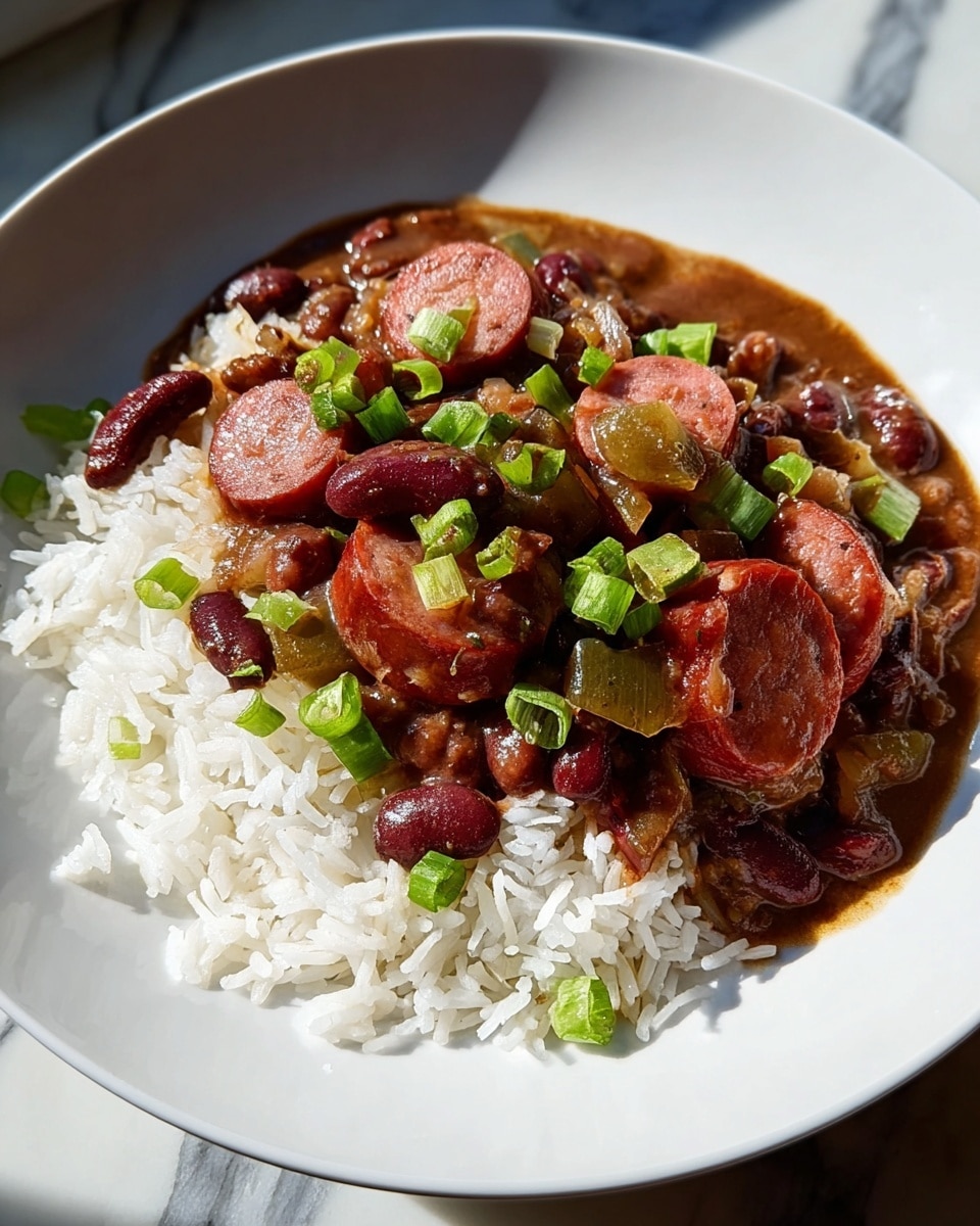 A white plate displays a two-layer dish with a base layer of fluffy white rice, showing distinct grains and a soft texture. The top layer consists of a rich brown sauce mixed with sliced sausage pieces that are pinkish-red with a slightly moist texture, red kidney beans, green bell pepper chunks, and small bits of onions. The sauce looks thick and coats the ingredients nicely, with some sauce spilling around the rice. The dish is garnished with small chopped green onions scattered on top. The background is a white marbled surface, and soft natural light highlights the textures. Photo taken with an iphone --ar 4:5 --v 7