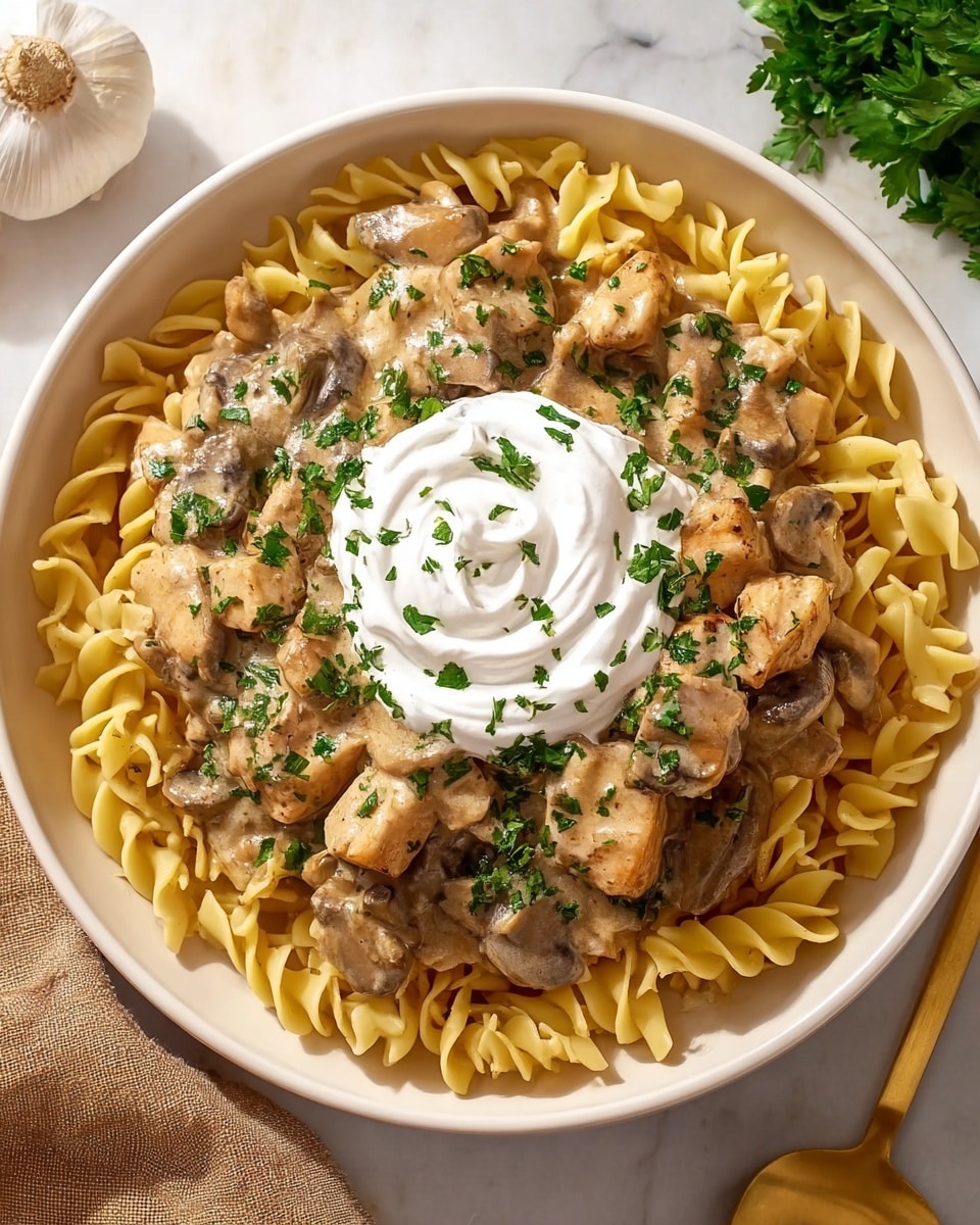 A white bowl filled with three layers: the bottom layer has yellow, curly egg noodles forming a base, the middle layer consists of creamy mushroom and chicken pieces cooked in a light brown sauce, and the top layer is a dollop of white sour cream garnished with small green parsley leaves. The bowl is placed on a white marbled surface with a bulb of garlic on the side and a beige cloth napkin partially visible. A gold spoon is also placed nearby. photo taken with an iphone --ar 4:5 --v 7