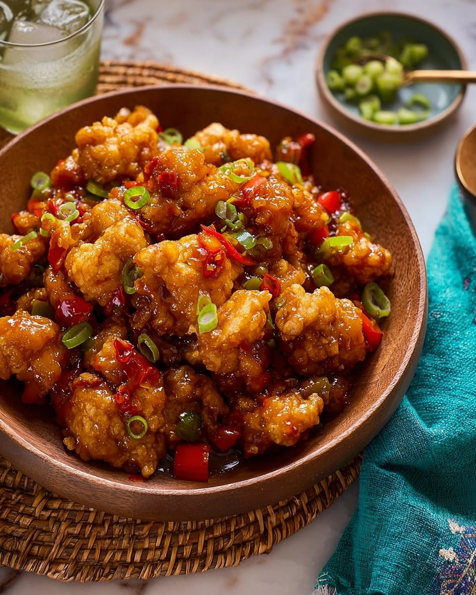 A wooden bowl is filled with golden brown fried chicken pieces coated in a shiny, sticky sauce. Mixed in are small, bright red and green bell pepper cubes and thin slices of fresh green onions, adding bursts of color. The chicken chunks are thick and crispy with a crispy texture, while the sauce gives a glossy, rich look. The bowl sits on a white marbled surface with a woven mat beneath, and a clear glass with ice is visible next to it. photo taken with an iphone --ar 4:5 --v 7
