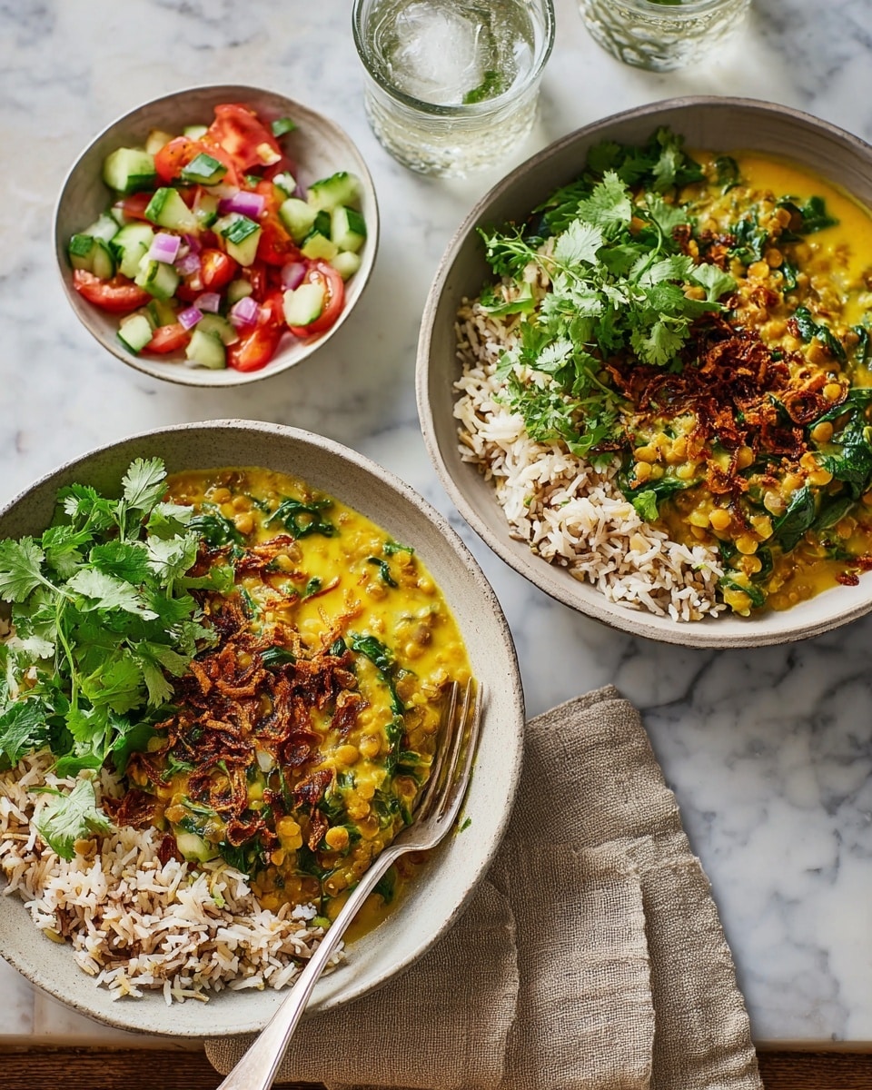 Two bowls of food are placed on a white marbled surface. Each bowl has a base layer of white and brown mixed rice, topped with a creamy yellow lentil curry mixed with bright green spinach leaves. The curry is garnished with crispy fried brown spices and fresh green cilantro leaves. A small white bowl nearby holds a fresh salad made of chopped red tomatoes, green cucumbers, and purple onions. Two glasses of clear water with ice are also visible. A silver spoon and fork rest inside the bottom bowl on a beige cloth napkin. Photo taken with an iphone --ar 4:5 --v 7