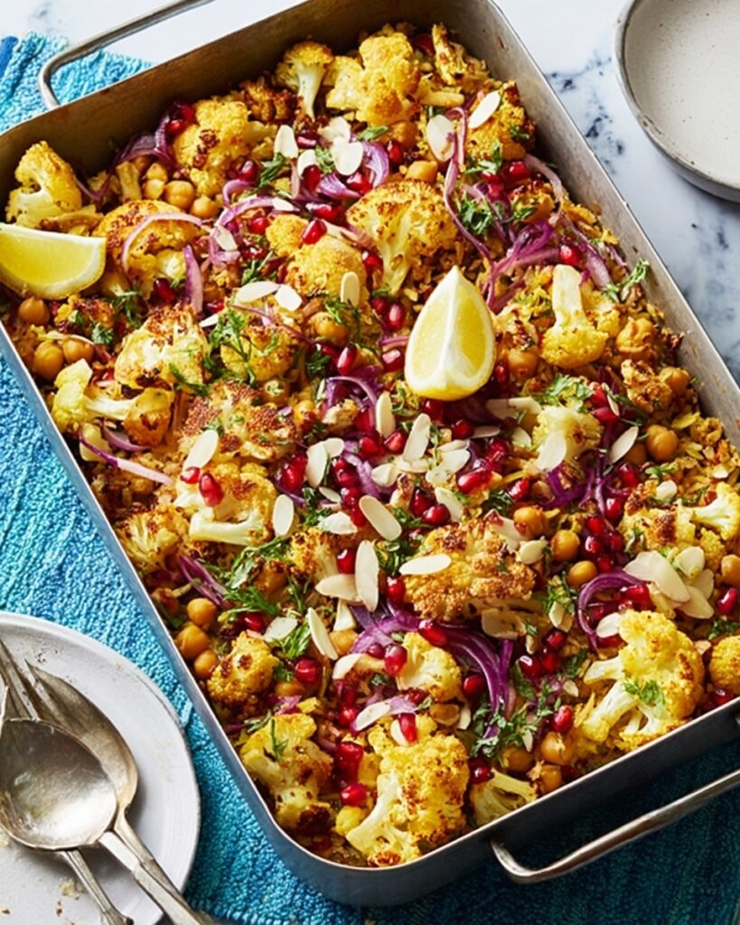 Harissa Cauliflower Pilaf with Sultanas, Almonds, and Pomegranate Seeds Recipe