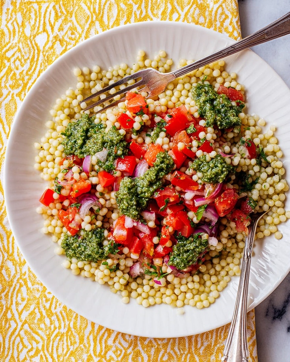 A round white plate holds a colorful couscous salad with three visible layers mixed together: the base layer of small, pale yellow round couscous pearls forms most of the dish, mixed with bright red chopped tomatoes and small pieces of purple onion scattered throughout. On top of this is a layer of green pesto sauce spread unevenly, adding texture and a fresh color contrast. Two shiny silver forks rest on the left side of the plate, partially buried under the salad. The plate sits on a bright yellow and white patterned cloth, with a white marbled textured surface visible around the edges. Photo taken with an iphone --ar 4:5 --v 7
