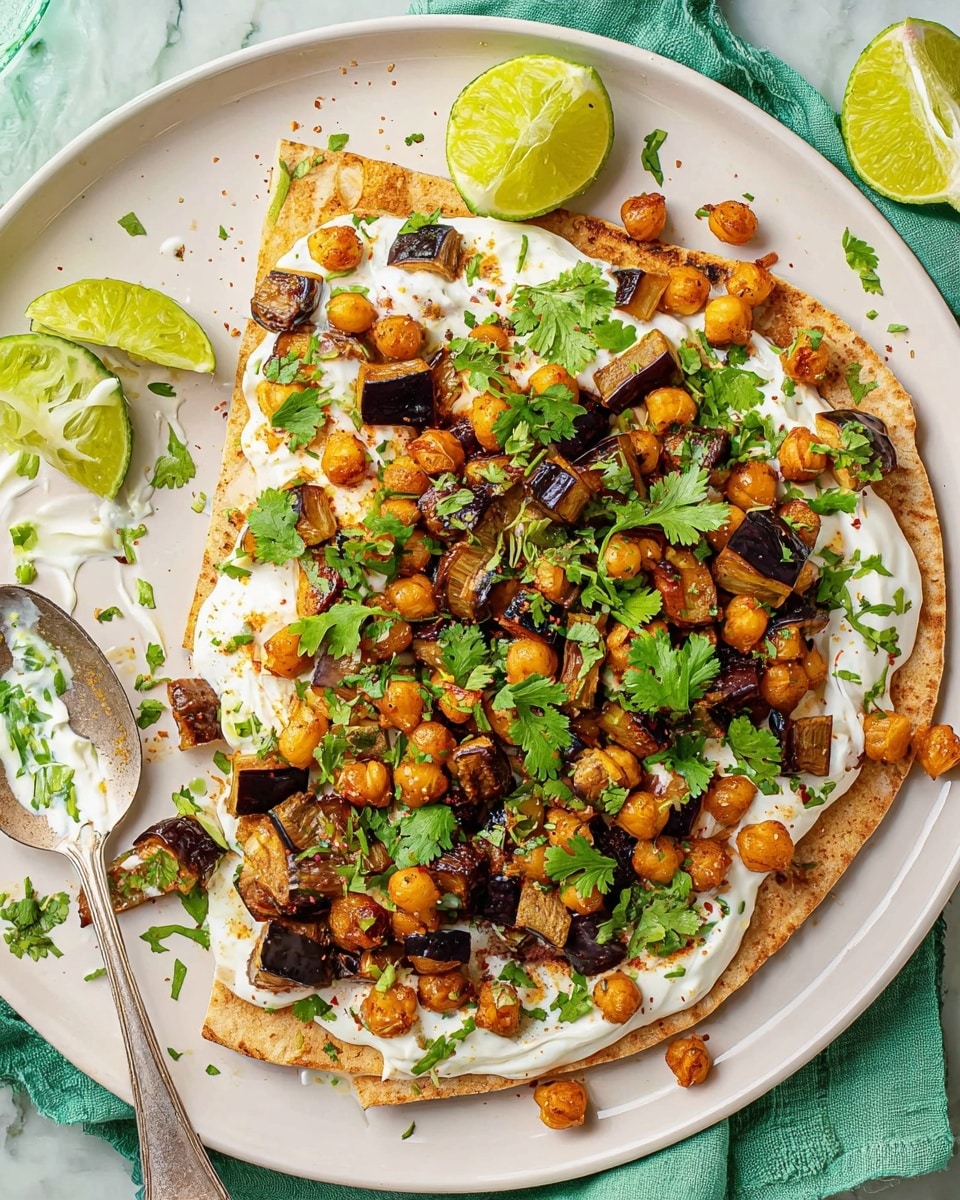 A white plate shows a layered dish starting with a base of light brown flatbread pieces arranged loosely. Over the flatbread, there is a spread of creamy white yogurt with a smooth texture. On top, there is a mix of cooked chickpeas and small pieces of browned eggplant, both appearing soft and warm, mixed with scattered bright green cilantro leaves. On one side, three lime wedges with a yellowish-green color add a fresh touch. A silver spoon with some yogurt and lime zest sits on the edge of the plate. The plate is set on a white marbled texture. photo taken with an iphone --ar 4:5 --v 7