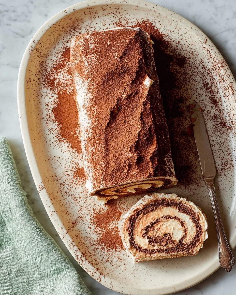 A white oval plate holds a roll cake with two visible layers: the outer layer is covered with a thick, smooth, creamy white frosting dusted heavily with cocoa powder, and inside, a spiral pattern shows alternating light cream and darker chocolate layers, giving a rich and textured look. One slice is cut and placed at the bottom edge of the plate, revealing the swirl design inside the soft cake, while cocoa powder is spread around the plate’s edges. The scene includes parts of a small white plate and a white cup in the background, all set on a white marbled surface. Photo taken with an iphone --ar 4:5 --v 7