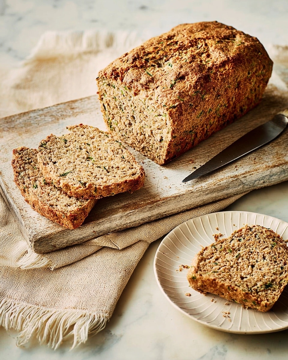 A loaf of brown bread with a rough, textured crust sits on a wooden board with a dark-handled knife next to it. The bread has a dense, slightly crumbly inside with visible small green and darker pieces, showing a mix of ingredients. One slice is cut from the loaf and laid on the board in front of it, while two slices are placed on a white, round plate with ridged edges, which rests on a beige cloth with fringed edges. The background is a white marbled texture that adds a soft, clean look to the scene. Photo taken with an iphone --ar 4:5 --v 7