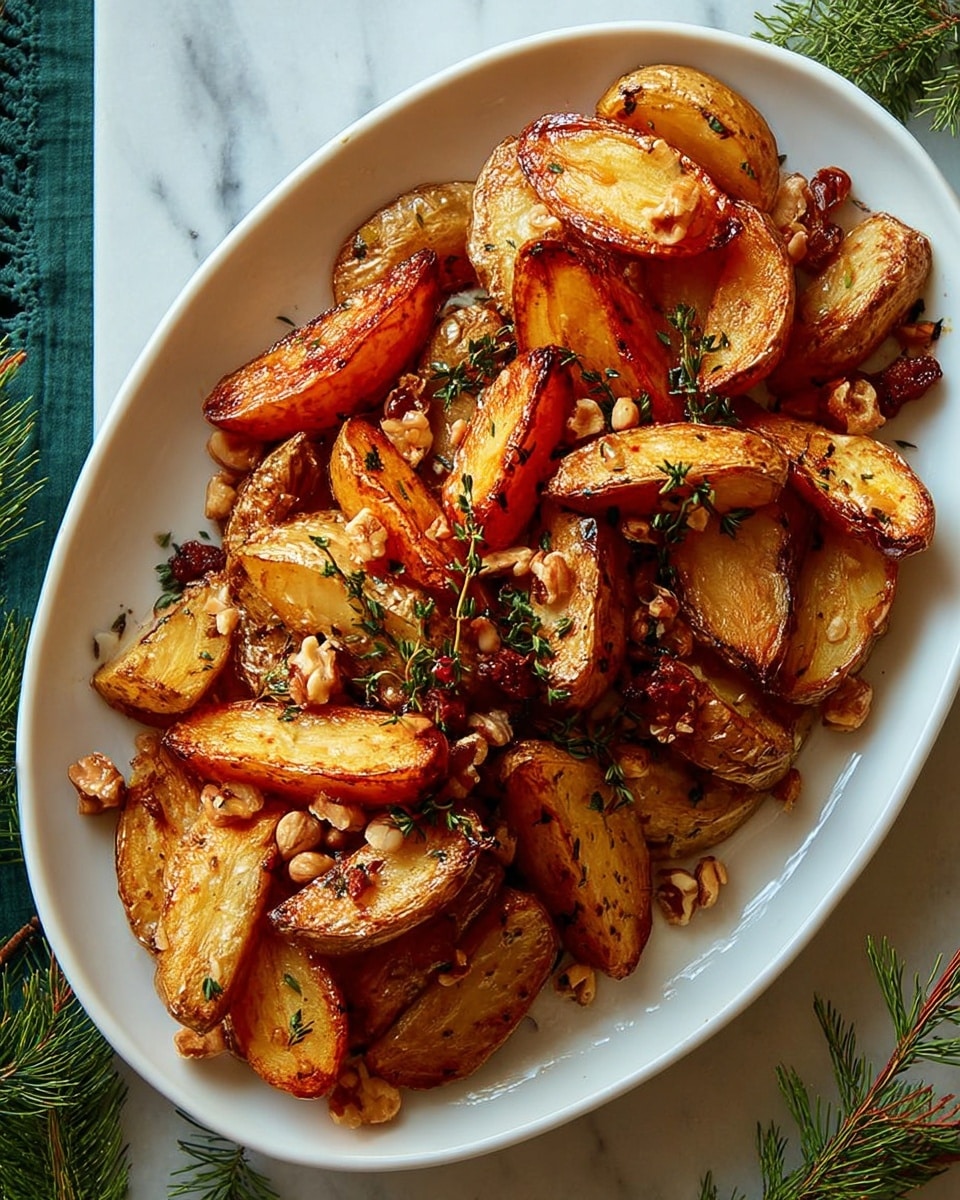 The image shows a white oval plate filled with golden roasted potato pieces that are crispy on the outside with a soft inside texture. The potatoes are cut into thick wedges and scattered with small chunks of toasted nuts and fresh green herb leaves, likely thyme, adding color and texture contrast. The plate is placed on a white marbled surface, enhancing the warm colors of the food. Photo taken with an iphone --ar 4:5 --v 7
