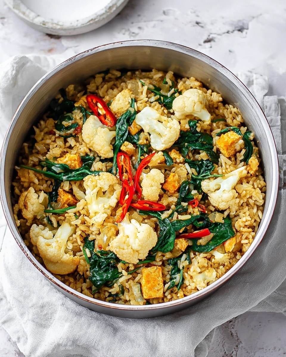 The image shows a round metal pot filled with a mixed dish placed on a white marbled surface with a light gray cloth around it. The dish has three main layers: the bottom layer is a light brown grain, likely cooked rice, with a slightly textured appearance. The middle layer consists of dark green leafy vegetables that look soft and slightly wilted. The top layer includes large pieces of pale white cauliflower florets, browned tofu chunks, thin slices of reddish-brown onion, and small bright red chili slices, all scattered evenly across. The mixture looks well-cooked and colorful, with contrasting textures of soft rice, crisp cauliflower, and tender vegetables. Photo taken with an iphone --ar 4:5 --v 7