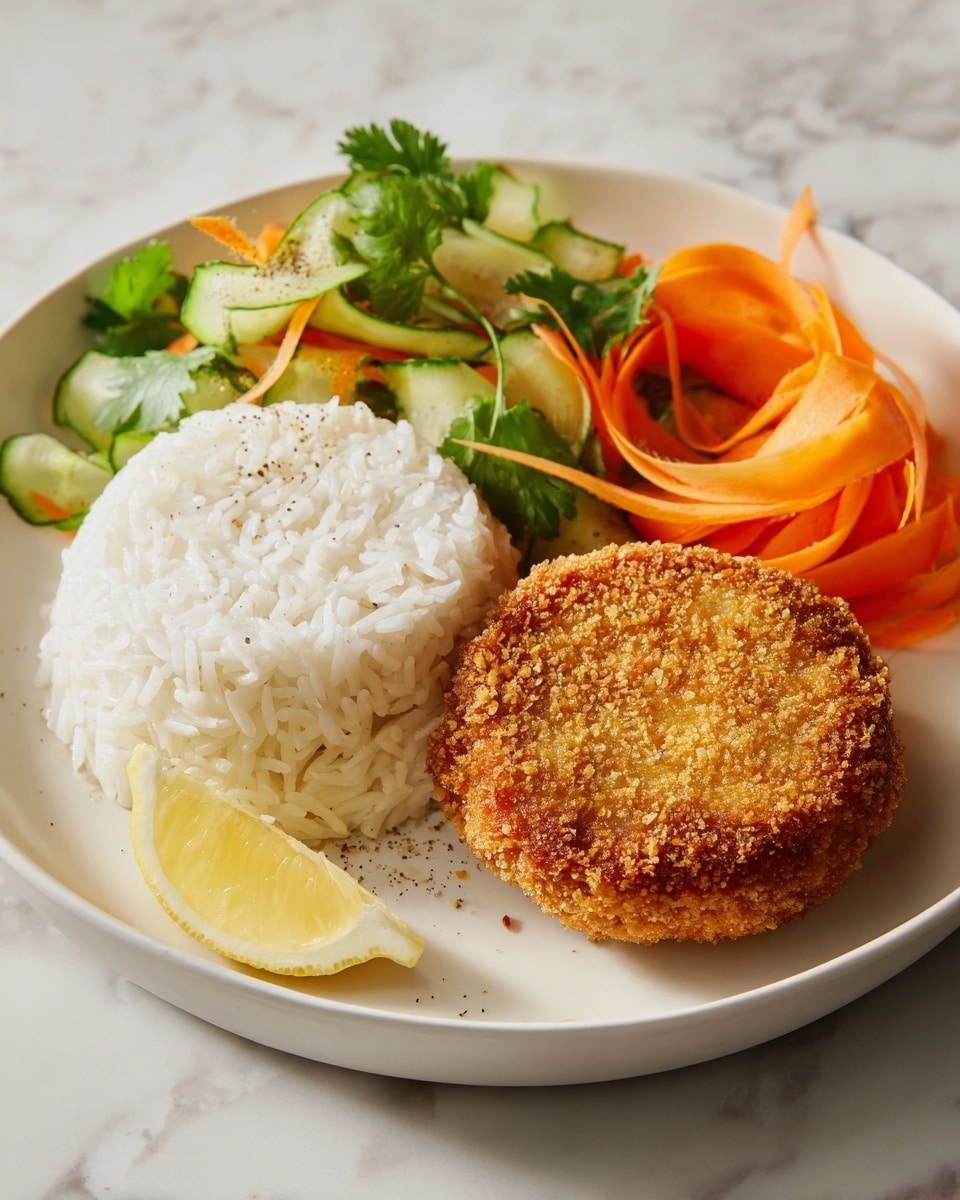 The image shows a white plate with three main parts arranged in a neat and inviting way. At the front, there is a golden-brown, round patty with green herb bits visible in its textured surface. Behind it, on the left side, sits a mound of white rice with fine, separated grains. To the right of the rice, there is a small pile of thinly sliced carrot ribbons and cucumber strips mixed with cilantro leaves, sprinkled lightly with black pepper. A small lemon wedge is placed beside the rice on the left edge of the plate. The plate lies on a white marbled surface. Photo taken with an iphone --ar 4:5 --v 7
