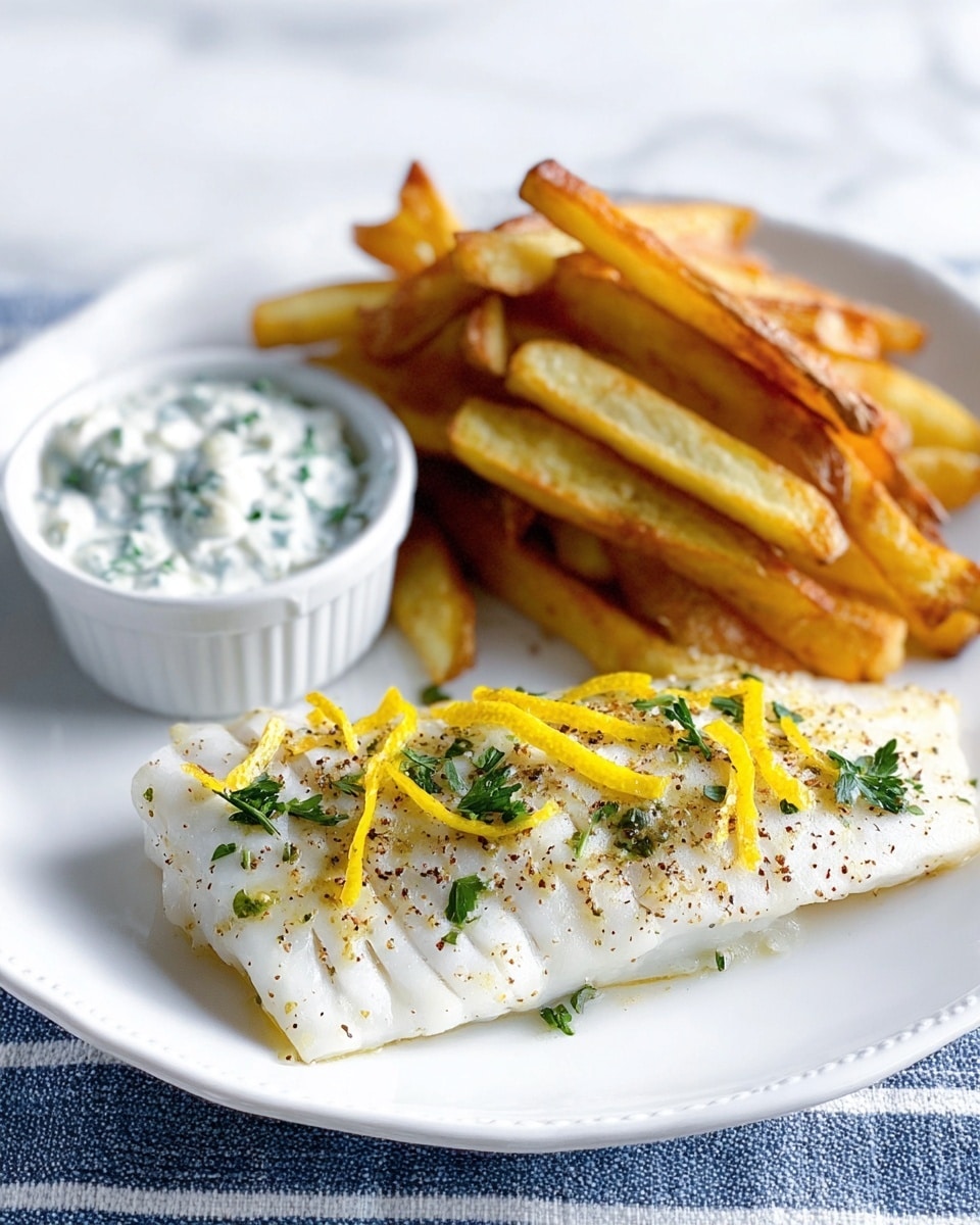 A white plate on a white marbled background holds three main parts: a piece of white fish fillet in the front center, topped with finely chopped green herbs and thin strips of yellow zest, with small sprinkles of black pepper on the fish; behind the fish, there are six thick-cut golden brown fries stacked in a pyramid shape; to the left side of the fish, there is a small white round bowl filled with a creamy white sauce mixed with bits of green herbs. Photo taken with an iphone --ar 4:5 --v 7