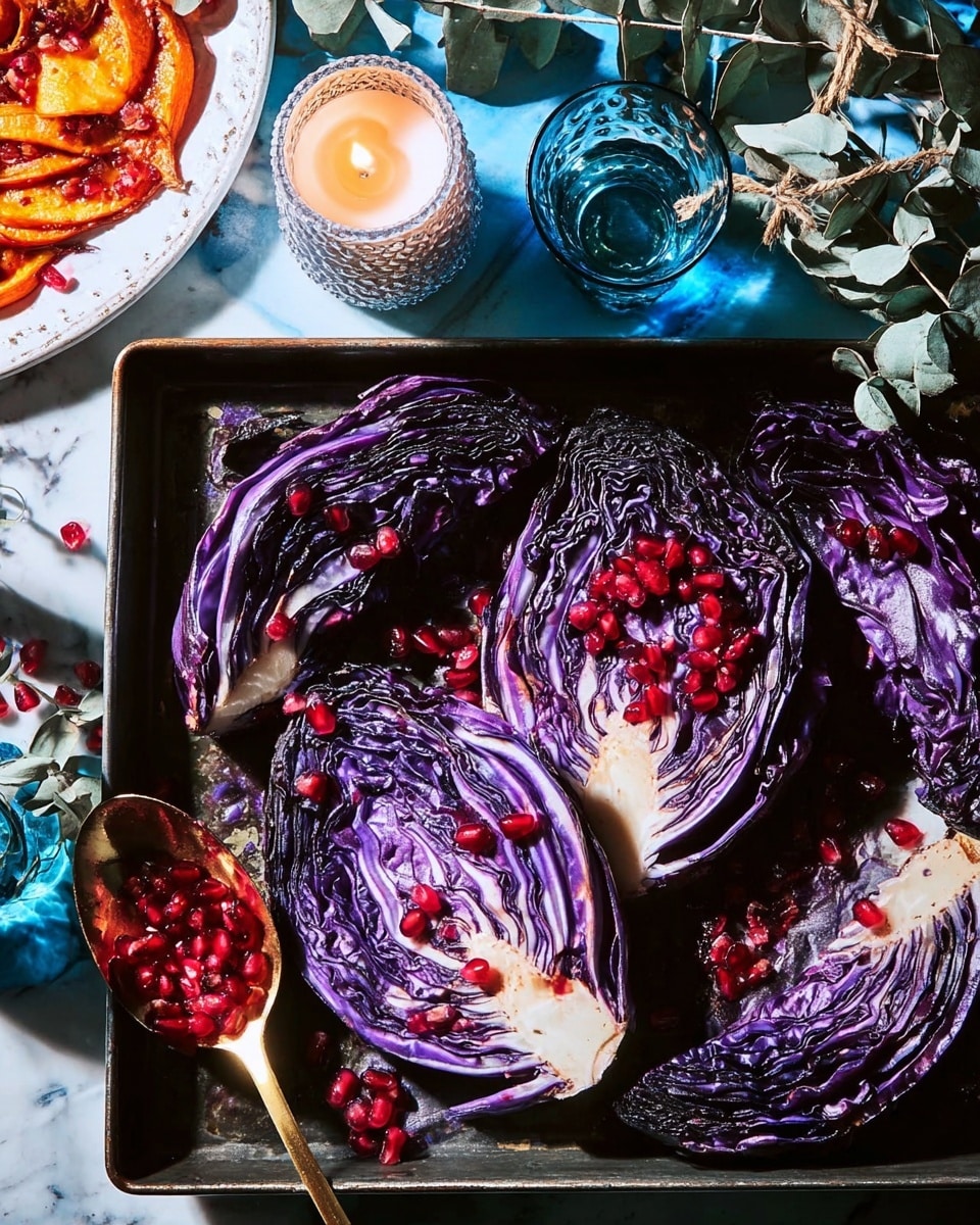 The image shows a dark metal tray with five thick wedges of roasted purple cabbage arranged with stems inward, each layer showing deep purple and white veins, giving a rich texture and color contrast. Bright red pomegranate seeds are scattered on and around the cabbage wedges, adding small pops of color and shine. A bronze spoon with some pomegranate seeds rests on the left edge of the tray. The tray is placed on a white marbled surface with surrounding decorations including green eucalyptus leaves, a small lit candle in a glass holder, and an empty clear glass. A woman's hand holds the tray from the bottom right corner. Part of a white plate with bright orange cooked carrots is visible in the top left corner. photo taken with an iphone --ar 4:5 --v 7