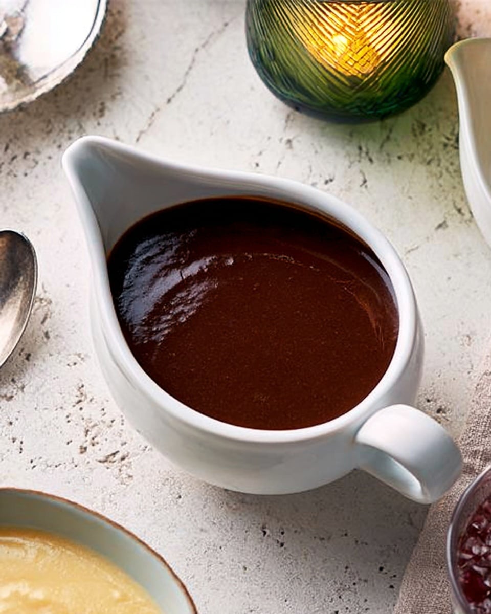 A white gravy boat filled with dark brown smooth chocolate sauce sits on a white marbled textured surface. The sauce has a glossy, thick texture that fills the boat just below the rim. To the left of the gravy boat, there is a small part of a bowl with a light yellow creamy substance visible. A small golden spoon lies near the gravy boat on the surface. In the top right corner, part of a greenish-yellow glass with a lit candle inside adds a warm glow to the scene. photo taken with an iphone --ar 4:5 --v 7