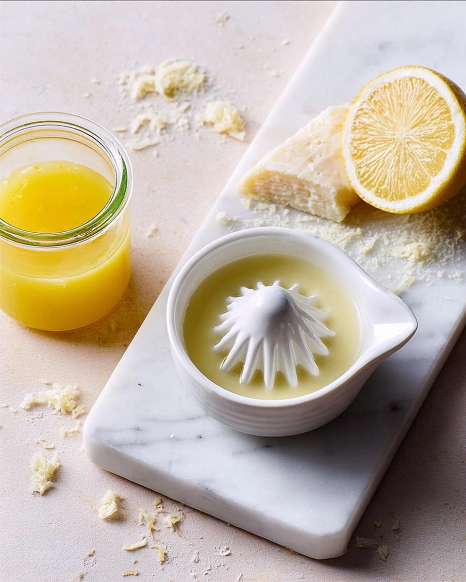 A top view of a white citrus juicer placed on a white marbled cutting board, containing freshly squeezed lemon juice with a white ridged center for pressing the lemon halves. To the right on the cutting board, there is a glass jar filled with smooth, thick, yellow lemon curd, and next to it is a squeezed lemon half showing its juicy, pulp-filled inside. In the top left corner, a small block of grated cheese or zest is slightly visible, resting on a white marbled surface with scattered flour or zest bits. photo taken with an iphone --ar 4:5 --v 7
