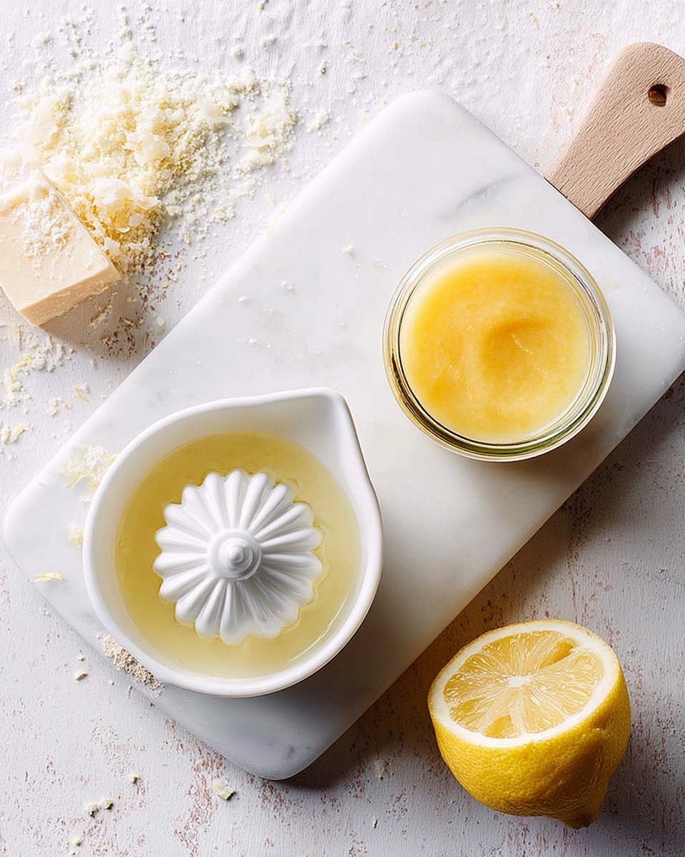 The image shows a white ceramic juicer placed on a white marbled cutting board with a chunk of cheese, a squeezed lemon half, and a glass jar of bright yellow sauce or dressing nearby. The juicer contains freshly squeezed lemon juice visible as a pale yellow liquid in the base below its ridged, star-shaped center. The setting is on a white marbled surface with scattered cheese crumbs and a clean, bright look. photo taken with an iphone --ar 4:5 --v 7