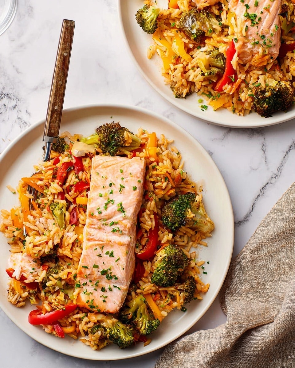 The image shows two white plates filled with a colorful dish consisting of one piece of light pink cooked salmon on top of a bed of orange-tinted rice mixed with broccoli florets, red and yellow bell pepper strips, and small green herbs sprinkled all over. One plate is fully visible while the other is partially shown at the bottom left corner. A fork with a wooden handle rests on the full plate, slightly leaning on the salmon and rice. The plates are placed on a white marbled surface with a folded cloth napkin visible near the bottom edge. photo taken with an iphone --ar 4:5 --v 7