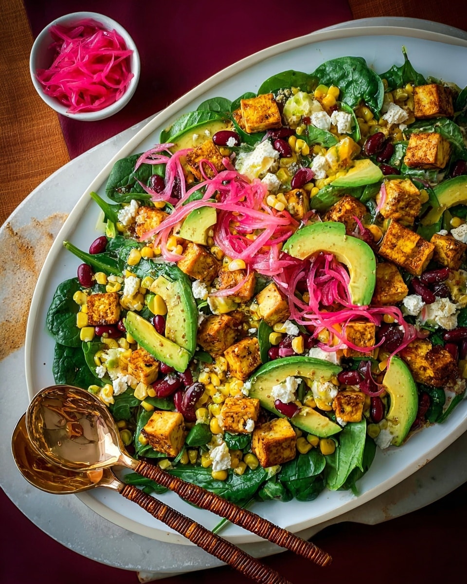 A large white oval plate is filled with a layered salad starting with a base of bright green spinach leaves scattered across the surface. On top, there are several slices of creamy light green avocado arranged evenly. Golden yellow corn kernels, small dark brown beans, and crumbled soft white cheese are spread throughout, adding texture and color contrast. Cubes of golden brown grilled tofu are placed all over the salad with thin, curly strands of bright pink pickled onions sitting on top. A small white bowl with more pink pickled onions is nearby on a white marbled surface. Two metal serving spoons with woven brown handles rest on the bottom edge of the plate. Photo taken with an iphone --ar 4:5 --v 7