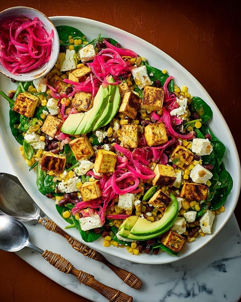 A large white plate is filled with a colorful salad featuring layers that include bright green spinach leaves, soft light green avocado slices positioned mostly on top, golden yellow corn kernels scattered throughout, dark red kidney beans mixed in evenly, and golden brown crispy tofu cubes placed all over. There are also small chunks of white cheese spread across the salad and thin tendrils of bright pink pickled onions layered on top. To the side, there is a small white bowl with extra bright pink pickled onions. The plate sits on a white marbled texture surface. Two serving spoons with brown woven handles rest on the edge of the plate. Photo taken with an iphone --ar 4:5 --v 7