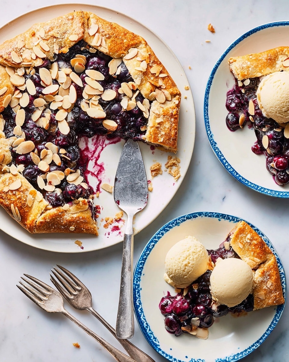 A round blueberry galette with a golden brown crust sprinkled with sliced almonds on a white plate sits on a white marbled surface. The galette's crust edges are folded inward, covering part of the dark purple-blue berry filling with juicy texture, topped with more sliced almonds. A large slice is cut and partly removed with a silver pie server. Two white plates with blue rim designs hold individual slices of the galette, each slice showing a thick, golden crust layer at the bottom and edges, a glossy, deep purple blueberry filling in the middle, and almond slices on top. Each slice is paired with a scoop of creamy pale beige ice cream. Two shiny silver forks rest on the plates nearby. Photo taken with an iphone --ar 4:5 --v 7
