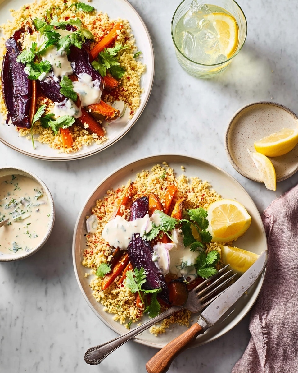 The image shows two white plates each filled with a layered dish placed on a white marbled surface. Each plate has a base layer of light beige couscous mixed with small yellow raisins, topped with large, dark purple roasted cabbage pieces that have a slightly charred texture. White creamy sauce is drizzled over the cabbage and couscous, sprinkled with black pepper. Fresh green cilantro leaves are scattered on top as garnish. Each plate has two lemon wedges positioned on the side. On the front plate, a set of cutlery with wooden handles—a fork and knife—is placed on the left side of the plate. In the background, there is a small white bowl containing the same white sauce with black pepper and a spoon inside it, along with a clear glass of a drink with ice and a lemon slice. photo taken with an iphone --ar 4:5 --v 7