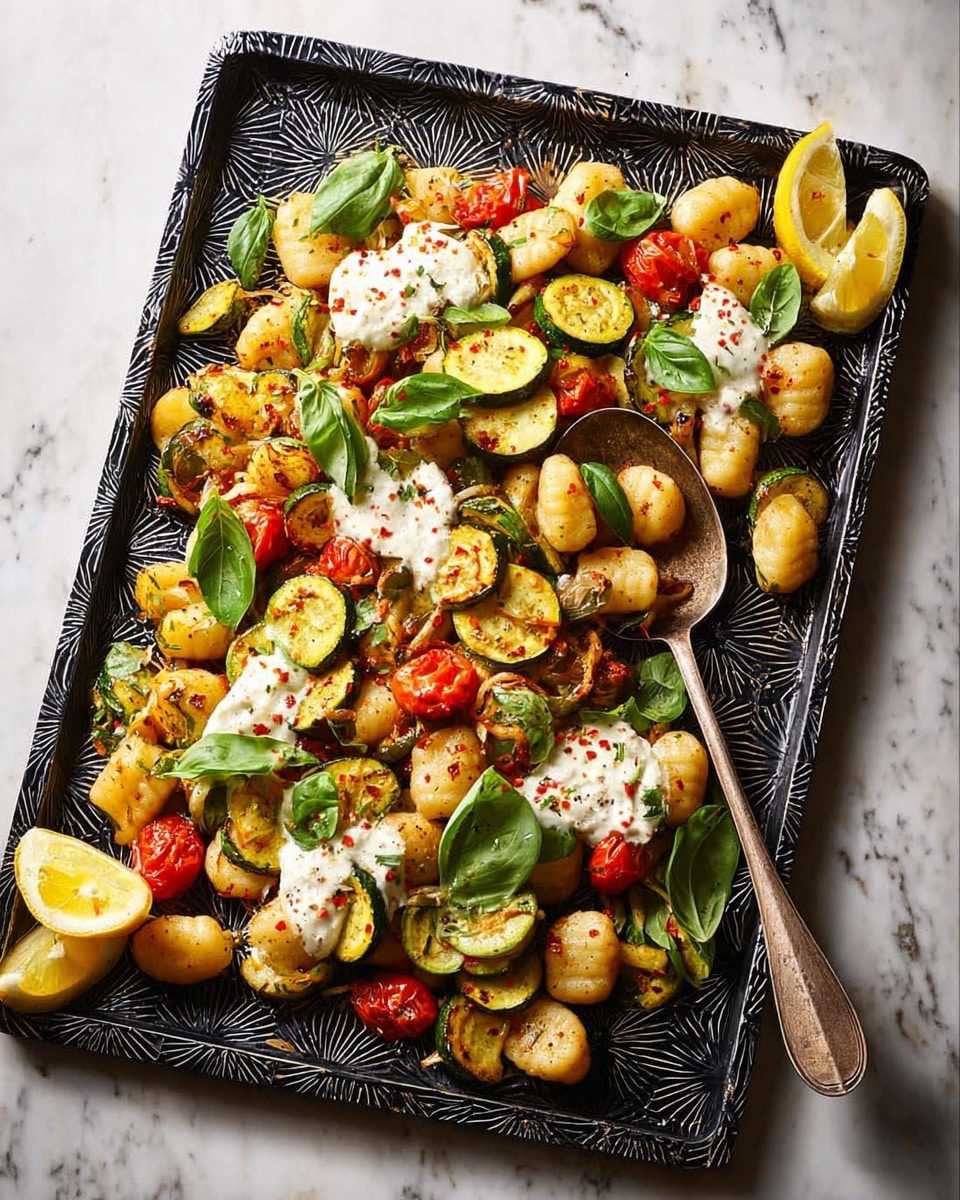 A large black textured rectangular tray filled with a mixed dish of golden brown gnocchi and green zucchini slices, scattered with small roasted red cherry tomatoes, fresh green basil leaves, and dollops of white creamy cheese topped with red pepper flakes. Lemon wedges are placed around the edges of the tray. A metal serving spoon with a dark green worn handle rests on the right side of the tray. To the left, a white plate holds a knife and two forks with wooden handles, all set on a white marbled surface. photo taken with an iphone --ar 4:5 --v 7
