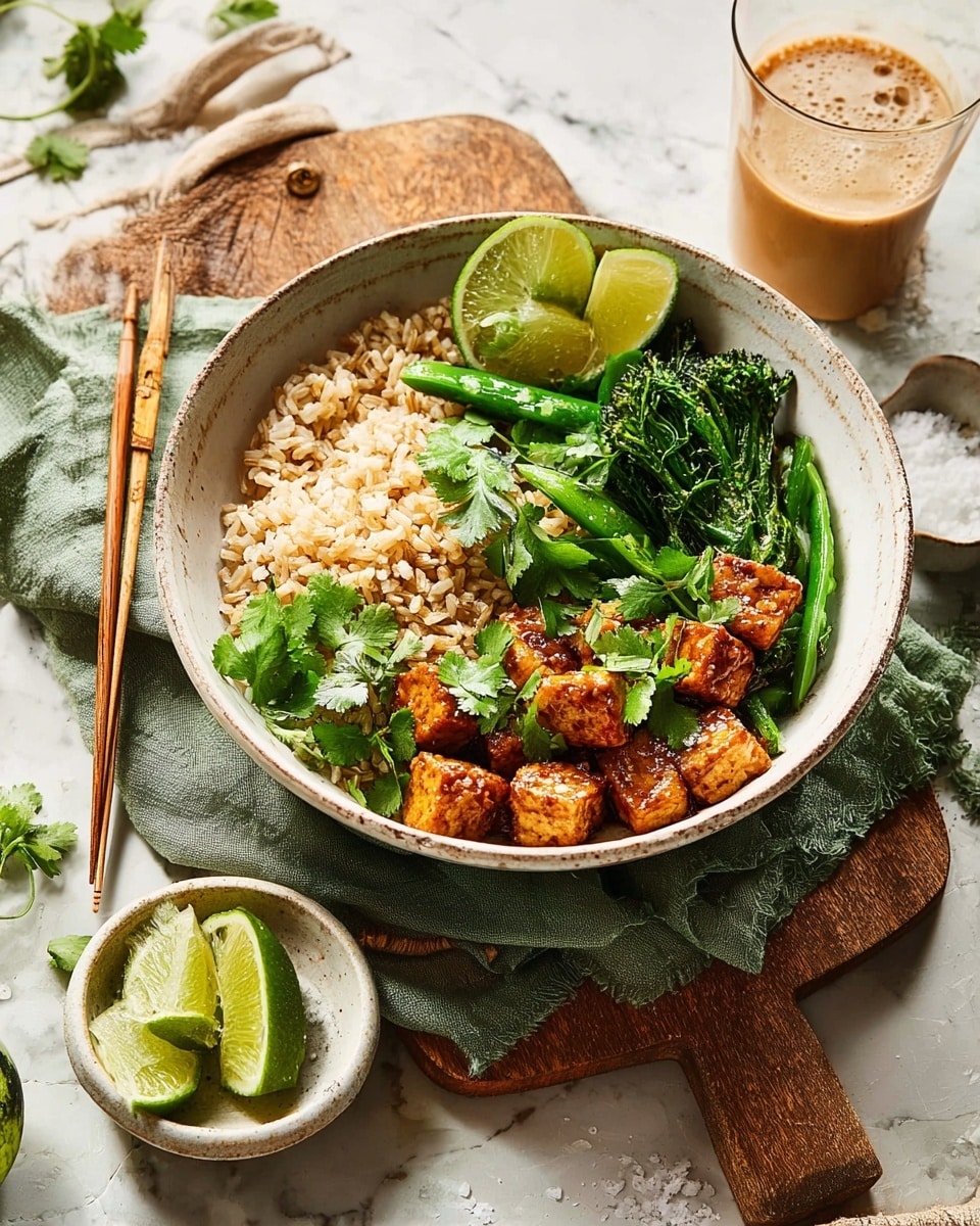 A white bowl filled with half a layer of cooked brown rice on the right side, showing a light tan color and fluffy texture. On the left side, there is a mix of green vegetables, including bright green snow peas, broccolini, and fresh cilantro leaves on top, along with cooked chunks of golden-brown tempeh scattered throughout. Two lime wedges with a bright green outer skin are placed on the top right side of the bowl resting on the rice. The bowl is on a green cloth napkin on top of a wooden board, which lies on a white marbled surface. Nearby, there is a small white bowl with lime wedges and a short glass with a light brown drink, while a pair of wooden chopsticks rests at the top of the bowl. Photo taken with an iphone --ar 4:5 --v 7