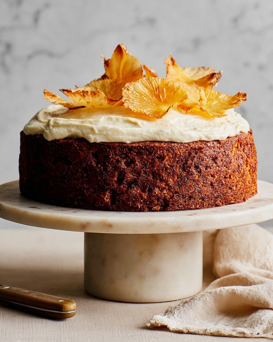 A single-layer dark brown cake with a rough texture sits on a creamy beige marble cake stand. The top is covered with a thick, smooth white frosting layer spread unevenly. On top of the frosting, there are several large, thin golden-yellow pineapple chips with a slightly crispy, wrinkled look, arranged loosely. The background is a soft beige, and the surface below is a white marbled texture. Photo taken with an iphone --ar 4:5 --v 7