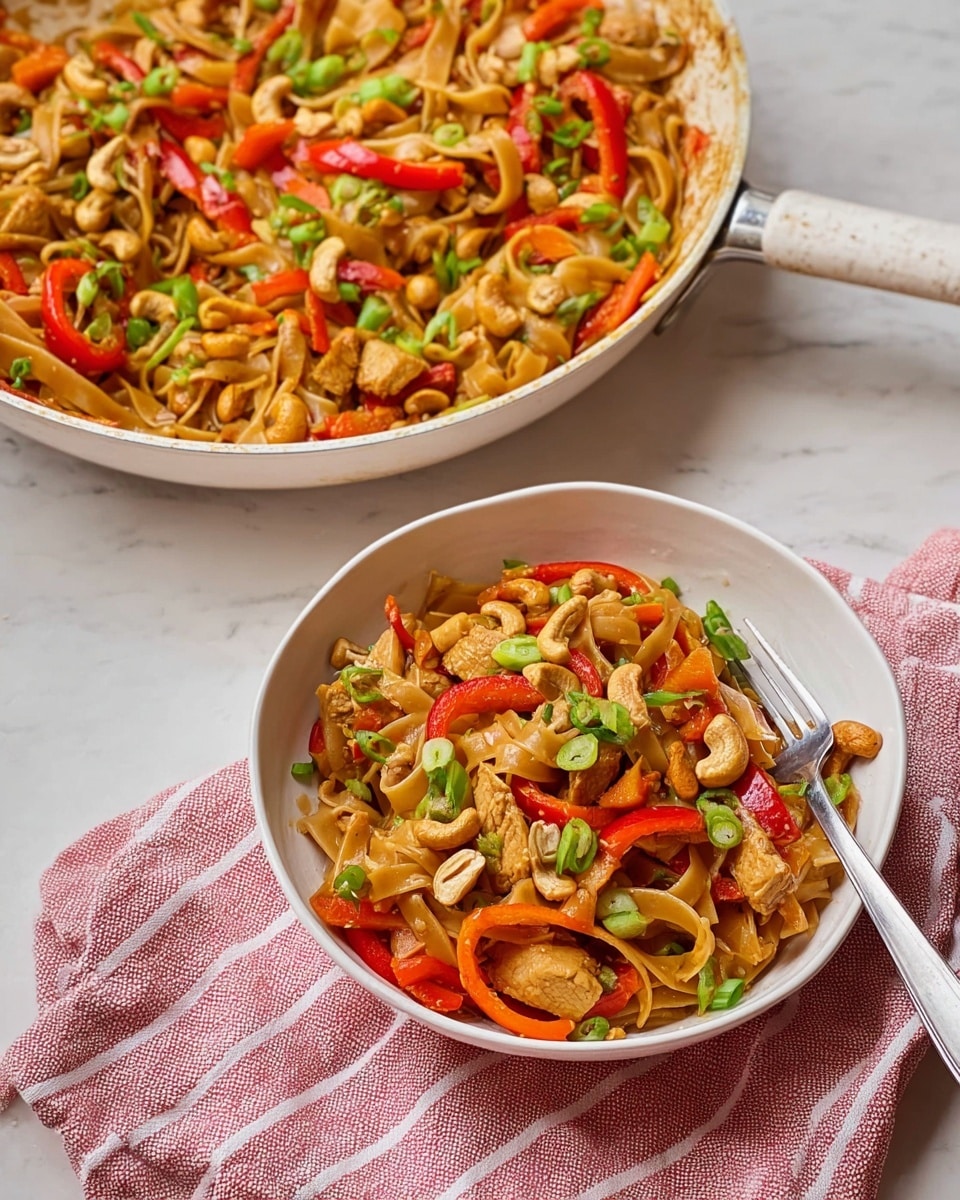 This image shows a white skillet and a white bowl both filled with a colorful stir-fry of flat rice noodles, sliced red bell peppers, cooked chicken pieces, orange carrots, and whole cashews, garnished with chopped green onions spread evenly on top. The noodles are light brown, mixed with the bright red and orange vegetables and the light-colored nuts and chicken, creating a vibrant dish with varied textures from soft noodles to crunchy cashews. The white bowl has a silver fork on the right side resting inside, and both the skillet and bowl are placed on a red and white striped cloth over a white marbled surface. photo taken with an iphone --ar 4:5 --v 7
