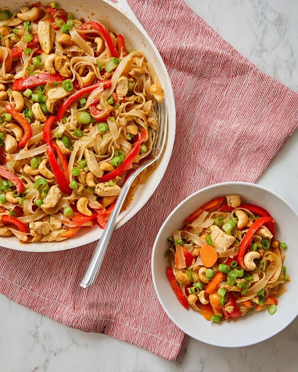 A white deep frying pan and a white bowl both are filled with stir-fried flat noodles mixed with sliced red bell peppers, orange carrot slices, cooked chicken pieces, and cashew nuts, topped with fresh green chopped scallions scattered all over; a silver fork rests in the bowl on the bottom right, placed on a white marbled background with a pink and white striped cloth underneath the pan, showcasing a colorful and textured mix of ingredients. Photo taken with an iphone --ar 4:5 --v 7