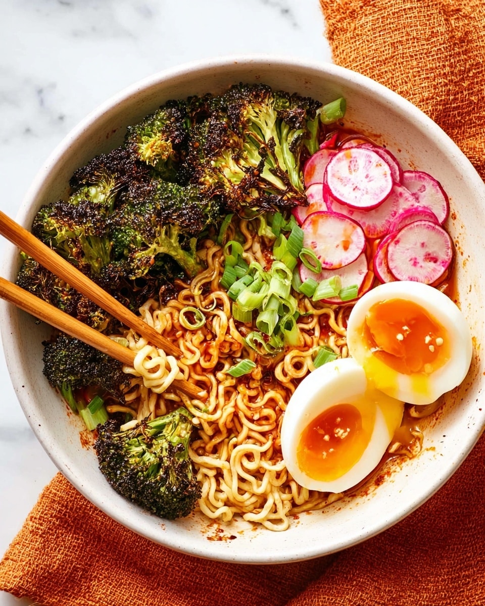 A white bowl filled with several layers of vibrant ingredients starting with a base of curly, golden-brown noodles lightly coated with sauce, topped on one side by bright green chopped scallions, thinly sliced radish rounds with white centers and pink edges arranged neatly next to them, and roasted broccoli florets with dark, charred edges on the opposite side. In front are two halves of a soft-boiled egg with firm white outer layers and rich, runny orange yolks, one partially resting on the noodles. Wooden chopsticks are resting in the bowl, lifting a small bunch of noodles. The bowl sits on a white marbled surface with an orange cloth with fringed edges nearby. Photo taken with an iphone --ar 4:5 --v 7