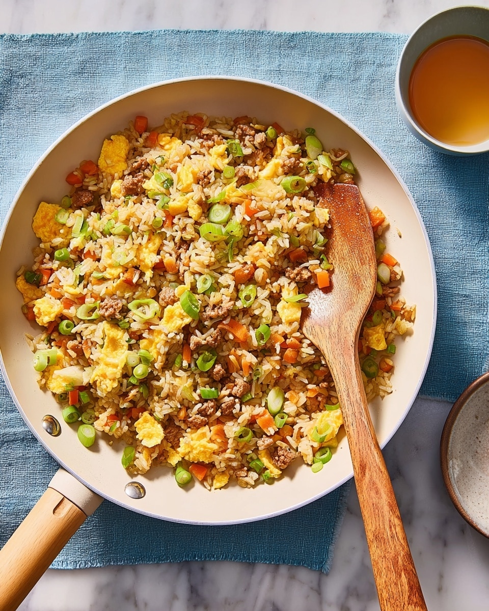 The image shows a white frying pan filled with fried rice that has three main layers visible: a base of light brown cooked rice, mixed with scattered small orange carrot pieces and light green chopped scallions, and topped with yellow scrambled eggs broken into medium chunks and small dark brown cubes of meat. A wooden spatula rests in the pan, partially stirring the ingredients. The pan is set on a white marbled surface with a folded blue cloth underneath and a small light blue cup filled with a clear yellowish liquid on the side. Photo taken with an iphone --ar 4:5 --v 7
